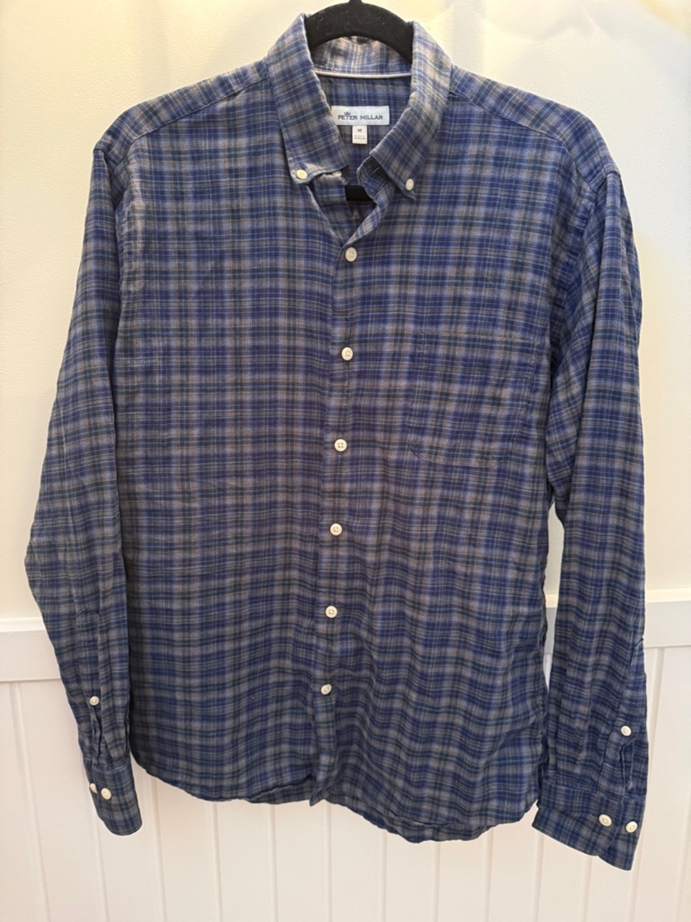Peter Millar Blue Gray Plaid Button-Down 100% Cotton Shirt Size Medium